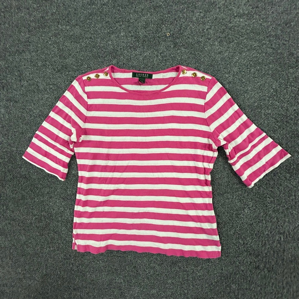 Lauren Ralph Lauren Shirt Womens Size M Pink Striped Cotton Gold Button Shoulder